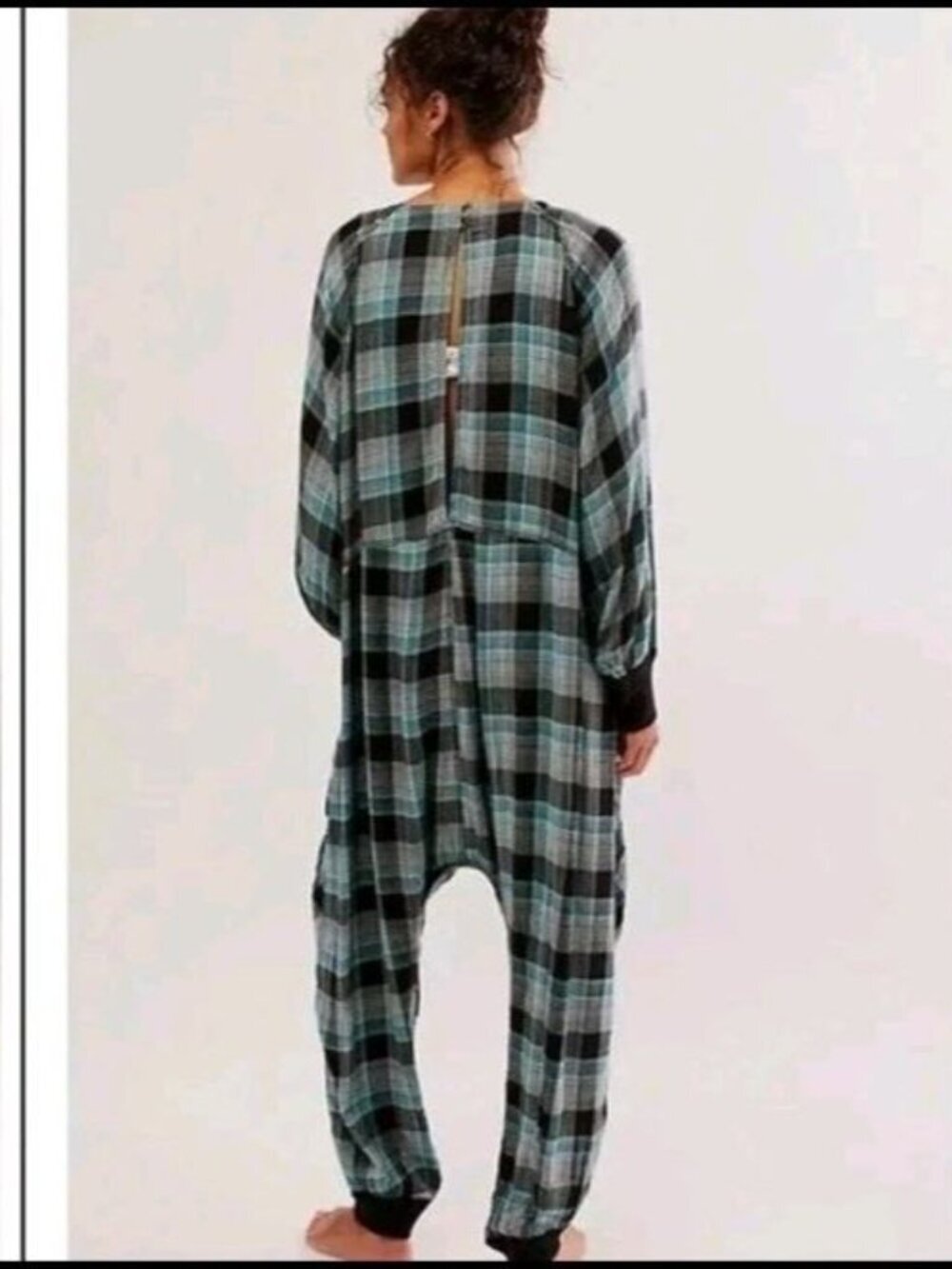 Falling For Flannel Free People Greenish Blue Checkered Romper Size M Oversized - Picture 15 of 15